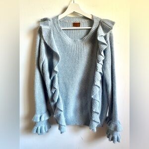 POL Light Blue Ruffled Crew Neck Sweater sz Medium rabbit fur wool blend